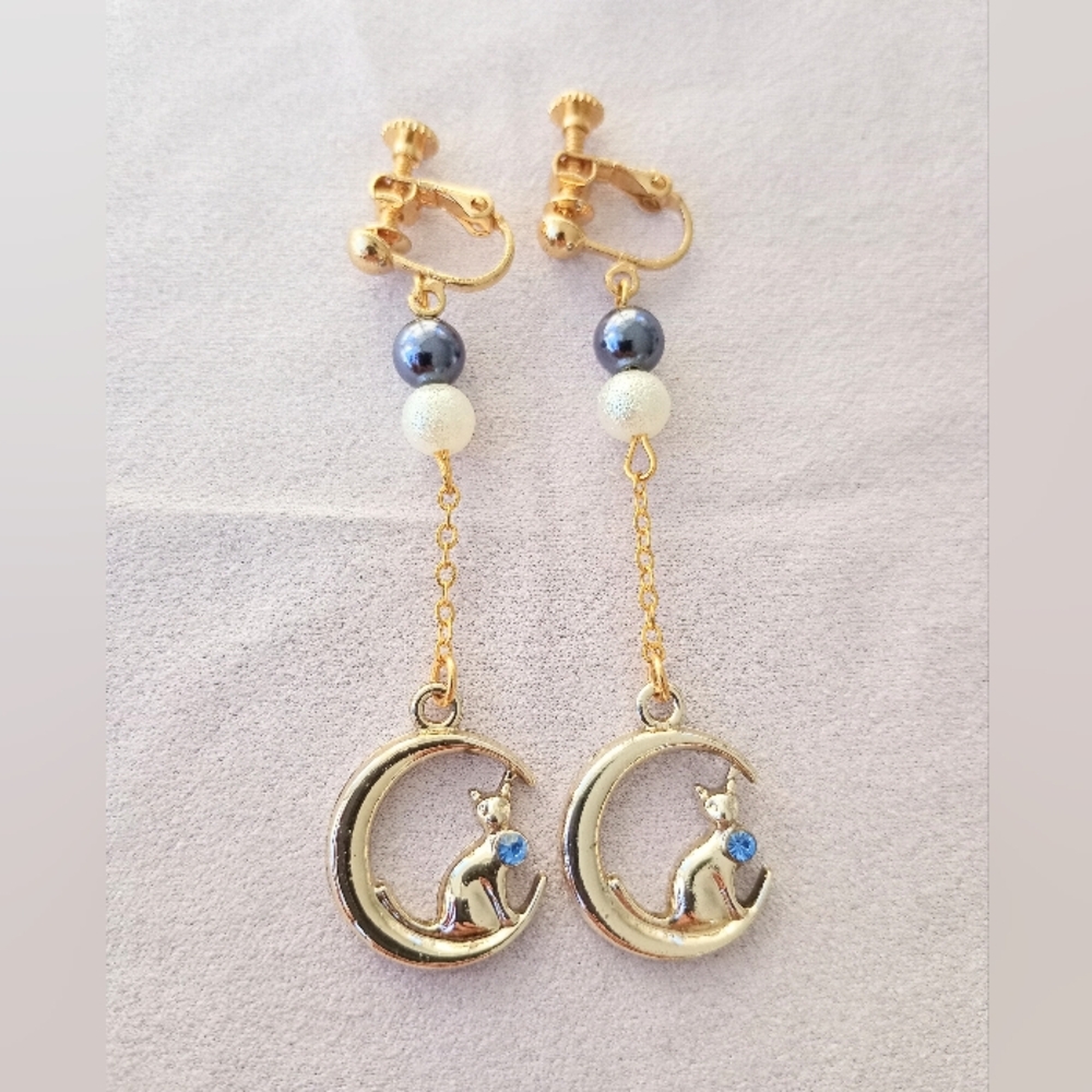 Gold Cat Moon Earrings with Blue and White Beads